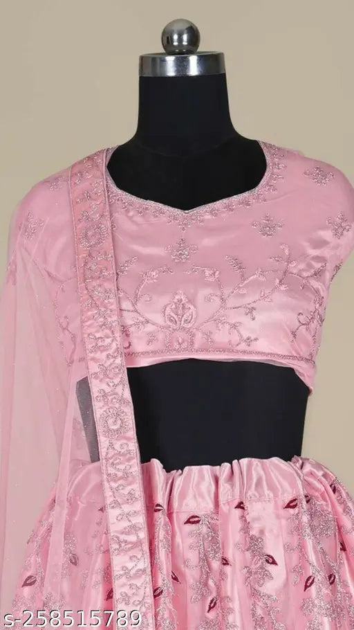 Stunning pink embroidered net lehenga choli set, semi-stitched with 2.5m dupatta and blouse. Embroidered work, perfect for weddings, parties, or special occasions. Net and ultra satin fabric
