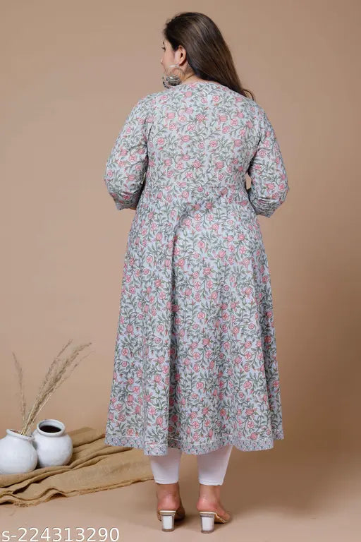 Blue & Pink Plus Size Anarkali Kurta, ethnic motifs printed cotton, three-quarter sleeves, sequin and floral design, perfect for festive wear, India origin
