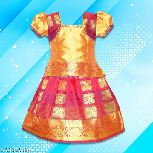 Cotton Silk lehenga-choli set for girls, floral stitch design, short sleeves, traditional Indian outfit, 2-5 years sizes