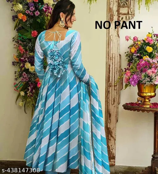 Sky Blue Georgette Striped Long Sleeve Maxi Dress Set, Indian wedding ethnic attire for women