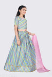 Striped cotton blend Lehenga Choli & Chaniya Choli party wear set (Pack of 1), embellished with net Dupatta, suitable for festivals like Diwali and Christmas. Indian ethnic girls wear, available in sizes from 12-8 years