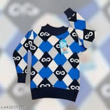 Handmade soft woolen baby sweater in red and blue argyle pattern, perfect for toddlers aged 1-3 years