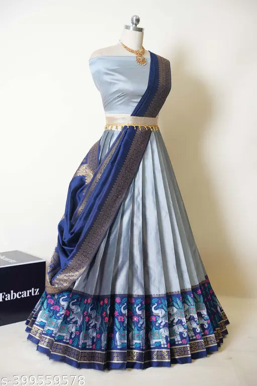 South Indian Style Litchi Silk Half Saree with Solid Print, semi-stitched and unstitched, 40 inch waist and 42 inch length, tussled dupatta included, beautiful belt provided, India origin