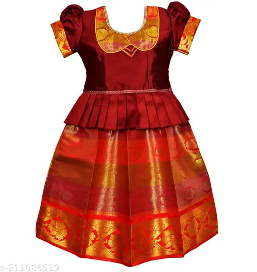 Gold-embroidered cotton pattu langa & lehenga choli set for baby girls, traditional South Indian dress, ready to wear
