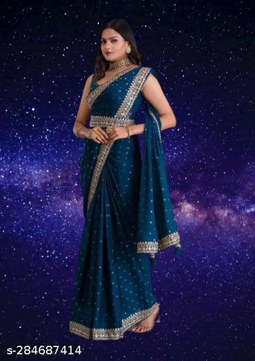 Teal Vichitra Silk Saree with Embellished Blouse, Indian Wedding Wear, ready to wear