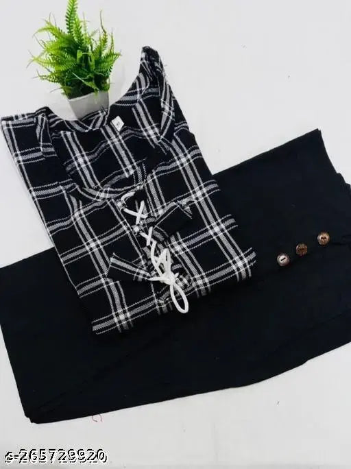 Black full-stitched large kurti with pink pant, wool, checked pattern, 3/4 sleeves, casual or formal wear. Women's Indian kurti set, available in M, L, XL, XXL, XXXL sizes
