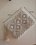 Handmade cream macrame clutch, textured fabric, single zip compartment, size: 20cm H x 30cm W, ethically sourced & crafted by Indian artisans