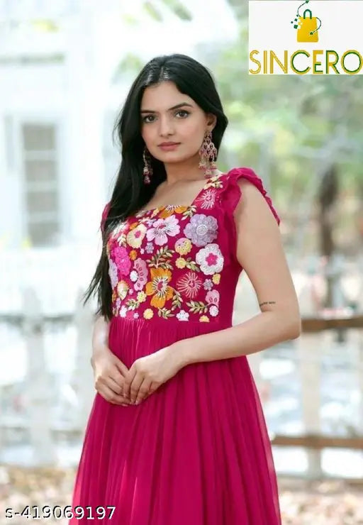 Floral embroidered Georgette anarkali gown, long, sequin embellished, women's wedding dress with flare and fit-and-flare design, short sleeves