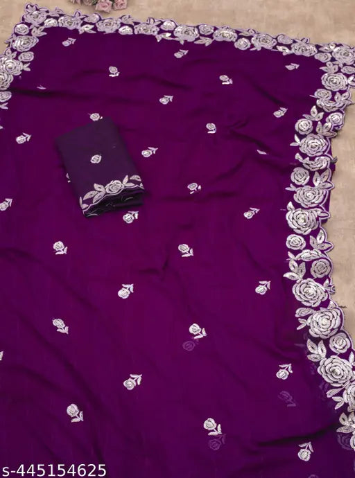 Radiant floral sequinned Georgette sari with satin blouse, intricate embroidery, Indian craftsmanship for special occasions