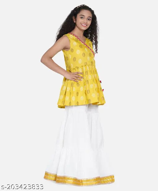 Cotton blend Zionity girls party kurta & palazzo set, printed A-line style, casual wear for kids aged 7-14 years, Indian origin