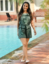 Green rayon printed A-line sleeveless casual mini jumpsuit for women - stylish and comfortable