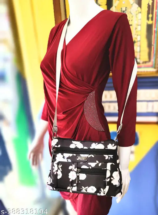 Floral Multi-Pocket Crossbody Purse, lightweight polyester bag with 3 compartments, perfect for travel or everyday use, adjustable shoulder strap, great gift for ladies and girls, India origin
