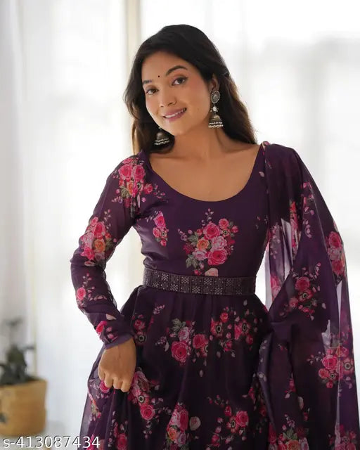 Purple Georgette Krishna-AA gown, printed combo of flowers on a long sleeve dress for celebrations, Indian origin