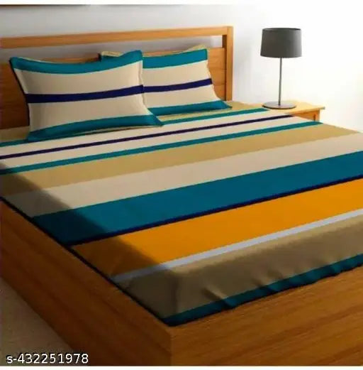 Premium wrinkel-free striped cotton bedsheets, 220 TC, King size with 2 pillow covers, by DBRUNO. Authentic Indian manufacturing