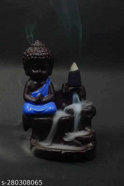 PolyResin blue baby monk Buddha incense burner fountain, multicolor with 10 free smoke cones for living room or car dashboard