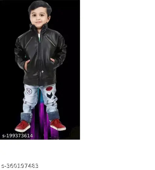 Leather Boys Stylis Jacket - Solid pattern, comfortable winterwear for kids aged 2-3 years, made in India