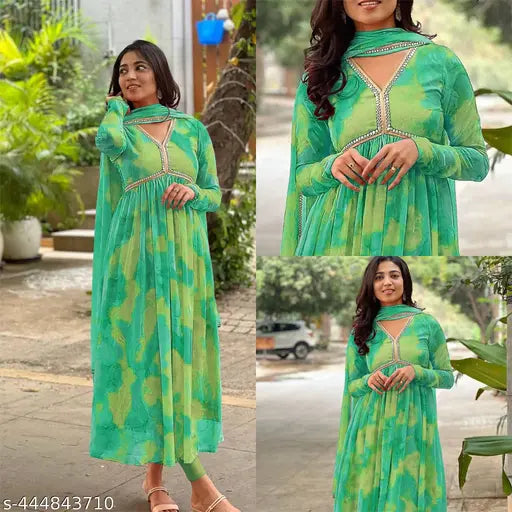 Women's A-line, long sleeve Gota Patti print Georgette gown with dupatta, three-quarter sleeves, available in sizes S-XXL. Indian traditional ethnic wear for outdoor events, parties, weddings, and festivals. Breathable pure Georgette fabric, round neck, flare sleeves