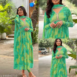 Women's A-line, long sleeve Gota Patti print Georgette gown with dupatta, three-quarter sleeves, available in sizes S-XXL. Indian traditional ethnic wear for outdoor events, parties, weddings, and festivals. Breathable pure Georgette fabric, round neck, flare sleeves