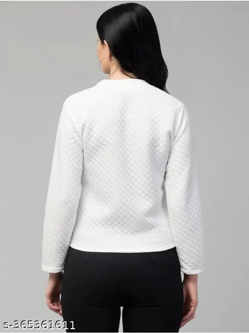 White wool vneck side zip jacket with long sleeves, solid pattern, ideal for women/girls, made in India