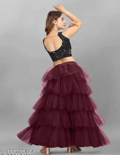 Maroon net Sitara buti lehenga, embellished and sleeveless for kids fashion