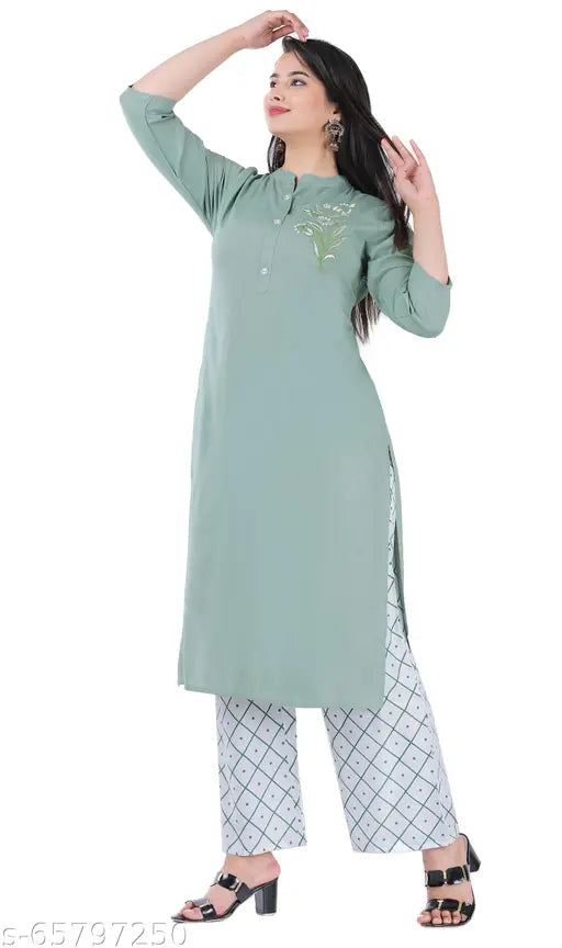 Pista color rayon kurta with embroidered net palazzo set, three-quarter sleeves, India-made fashion for women