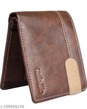 Brown faux leather men's wallet, regular size (5 card slots), solid pattern