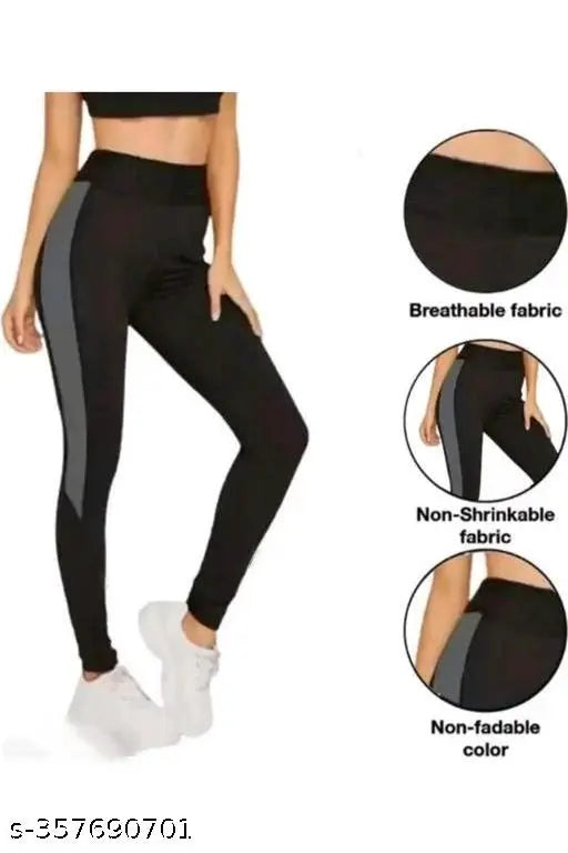 Black striped lycra leggings for women's gym wear, stretchable and breathable, suitable for yoga and workouts, size 28-40 inches, Indian brand