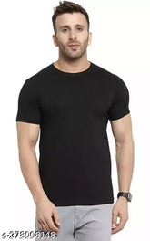 Black premium polyester men's t-shirt, comfortable half sleeve, perfect fit for gym, running, jogging, yoga, and casual wear. Made in India
