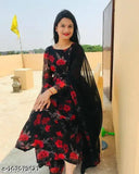 Black Georgette kurta set with printed net pattern, includes palazzo bottoms and dupatta