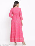 Pink printed rayon Anarkali dress, stylish three-quarter sleeve women's ethnic wear from Kipek