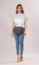 Grey tie-dye cotton slub top with short sleeves, printed pattern and loose fit, XS-XXL sizes available, trendy casual wear from Orsio, made in India