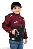 Maroon printed casual long sleeve hooded winter jacket for boys, polyester fabric on model