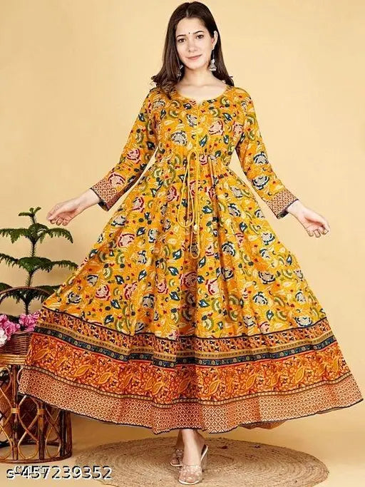 Yellow printed three-quarter sleeve cotton anarkali kurti, Indian traditional women's fashion