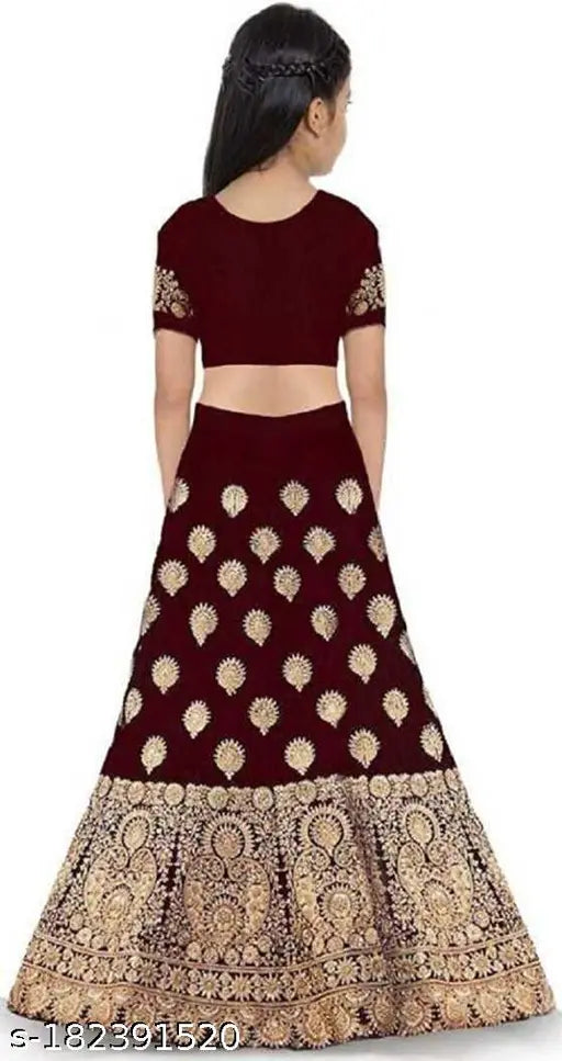 kids embroidered taffeta silk lehenga choli DOLL I on mannequin with net dupatta and short sleeves, Indian designer outfit for kids' traditional play dress