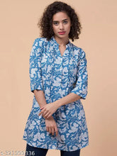 Blue Flower Rayon Tunic with Front Pleats & Mandarin Collar, 3/4 Sleeves - Indian-made