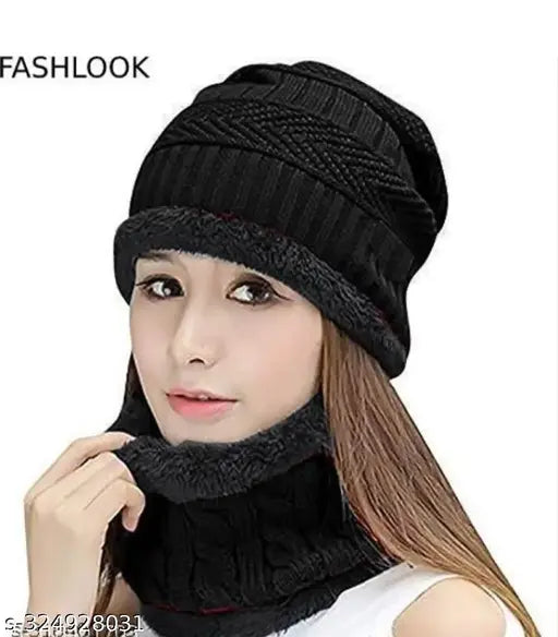 Woolen TRENDBITE women's beanie with muffler - stylish, soft knit cap for winter warmth. Made in India