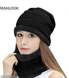 Woolen TRENDBITE women's beanie with muffler - stylish, soft knit cap for winter warmth. Made in India