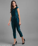 Green velvet jumpsuit by Vivient Women, solid design with short sleeves and flattering fit, ideal for winter wear