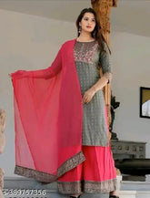 Printed Rayon kurta set with dupatta and palazzos, three-quarter sleeves, Indian origin