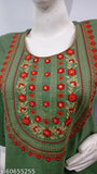 Green embroidered wool kurti, three-quarter sleeves, women's straight design, ideal for day wear or special occasions