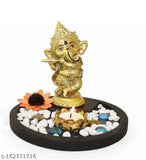 Gold-toned polyresin Ganesh statue with Bansuri, 3x6x3 inches, Indian home decor