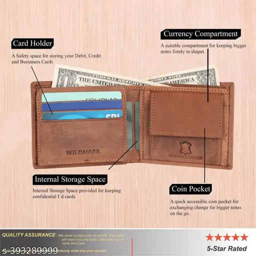Brown genuine leather men's wallet, RFID protected with 5 compartments, solid design in rich top grain leather