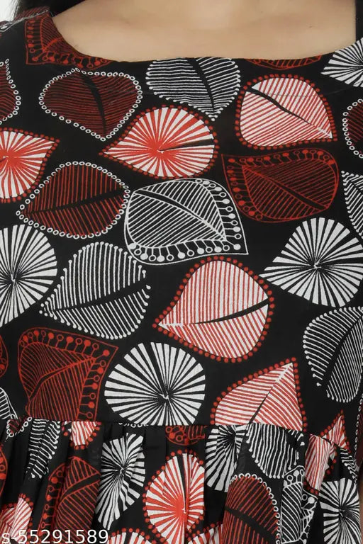 Three-quarter sleeve printed cotton top, vibrant Indian design, women's size N - XXL