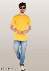 Yellow men's regular fit cotton short sleeves round neck T-shirt, solid pattern on display