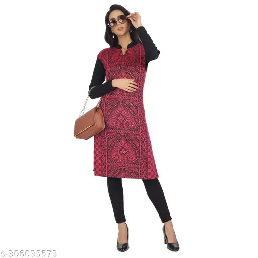 Trendy women's woolen kurta, long-sleeved printed combo, wool fabric, M (bust size: 18 in), India origin