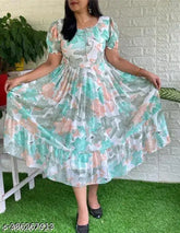 Georgette digital print dress with stylized sleeves, India-made feminine wear for women