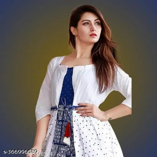 Royal blue printed anarkali kurti with white jacket, rayon fabric, three-quarter sleeves