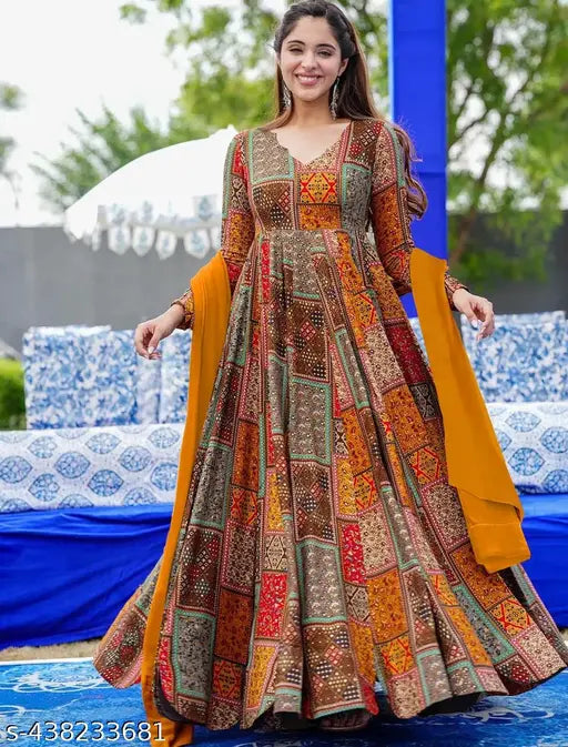Orange rayon anarkali gown for wedding & party wear, heavily printed net with flared style" (108 characters)