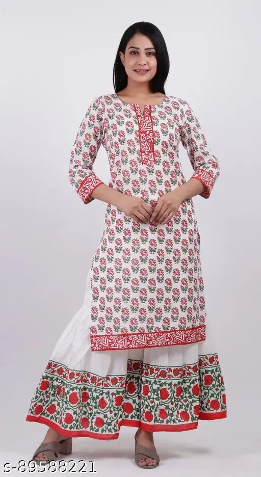 Printed Treandy Dupatta Set in 100% cotton, three-quarter sleeves, Indian ethnic wear for women on mannequin