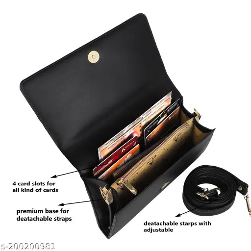 Black textured faux leather sling bag, 4 compartments, perfect for women's everyday use and parties